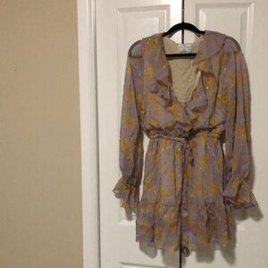 Gold & Lavender Floral Ruffle Dress with Drawstring Waist